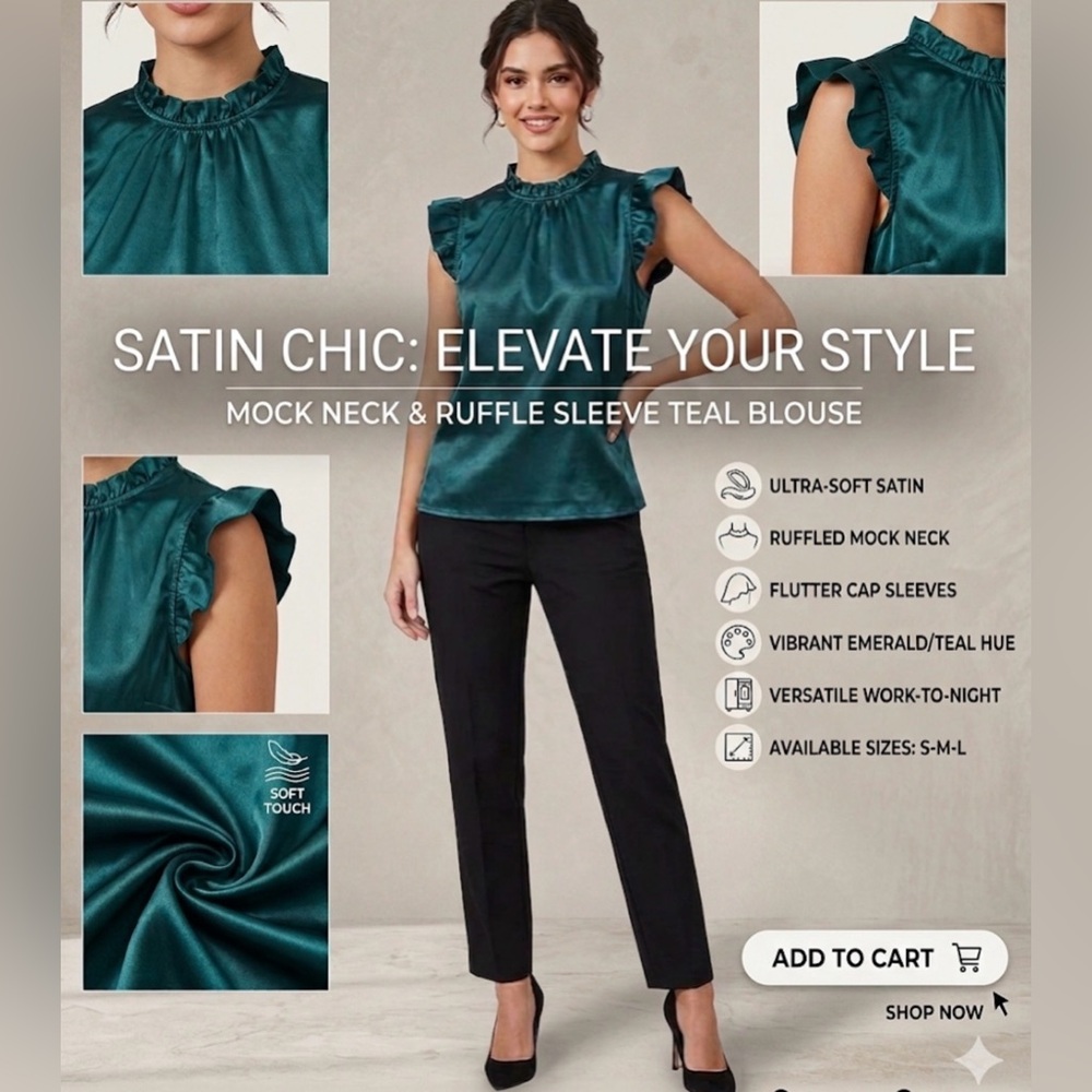 SHEIN Teal Satin Mock Neck Blouse with Ruffle Sleeves